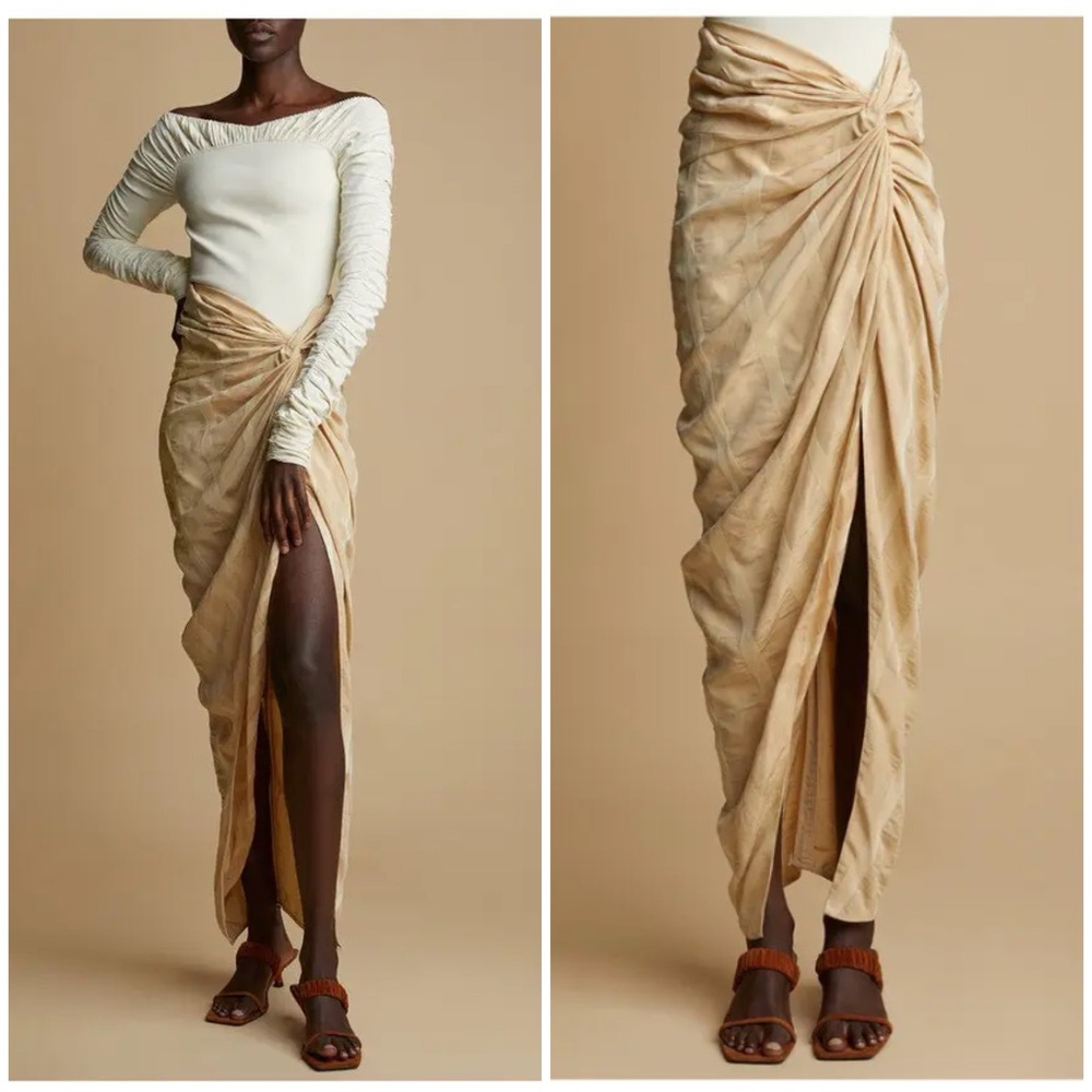 KHAITE Louie Gathered Satin Sarong Midi Skirt Black MSRP $820 Womens 4 - Picture 12 of 16